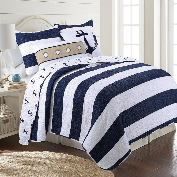 Breakwater Bay Sconset Nautical Anchor Stripe Reversible Quilt Set